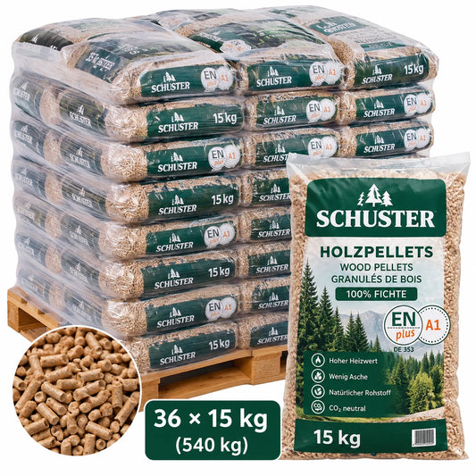 Drevené pelety Schuster ENplus A1 – (36 sacs × 15 kg )= 540 kg