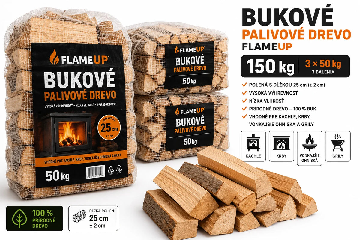 Bukové palivové drevo Flameup – 150 kg (3 × 50 kg) – polená s dĺžkou 25 cm – vhodné pre kachle, krby, vonkajšie ohniská a grily Translation missing: sk.products.product.regular_price