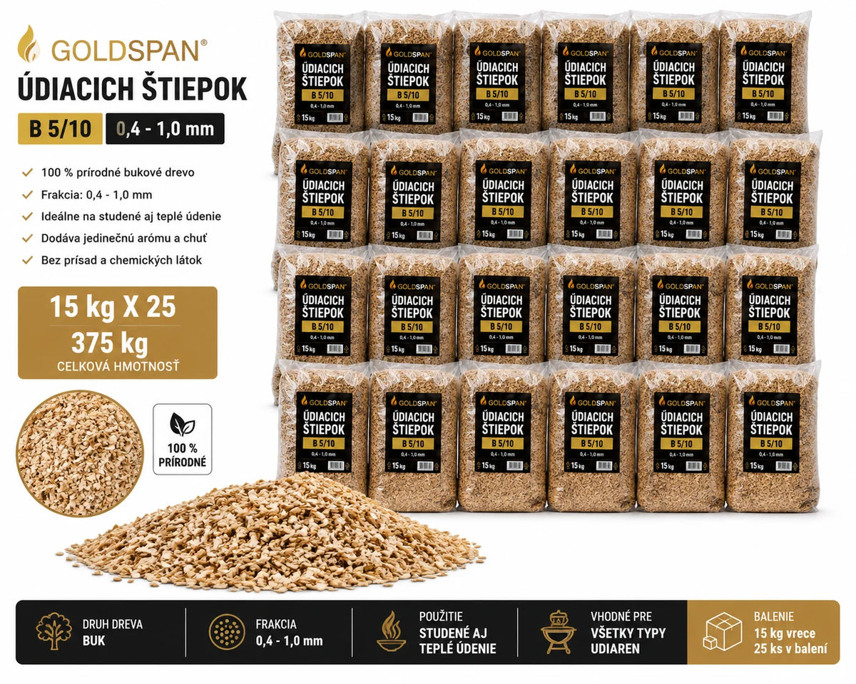 Údiace štiepky Goldspan B 5/10 – 375 kg (25 vriec po 15 kg) – zrnitosť 0,4 až 1,0 mm